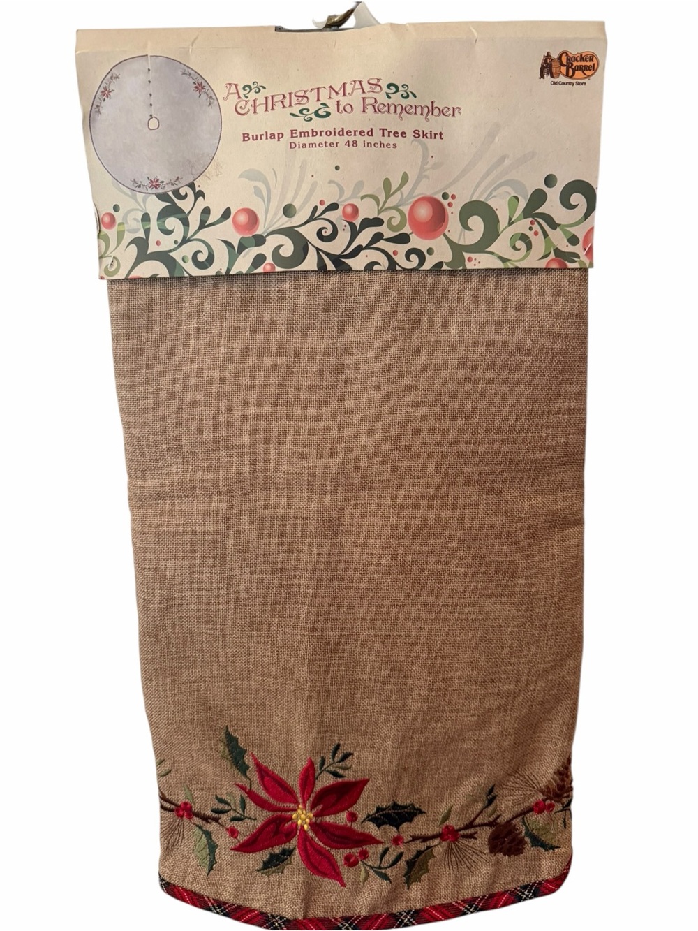 Cracker Barrel Burlap Embroidered Christmas Tree Skirt 48” Poinsettia Plaid